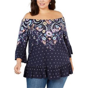 Style & Co. Womens Floral Off the Shoulder Blouse, Blue, NWT